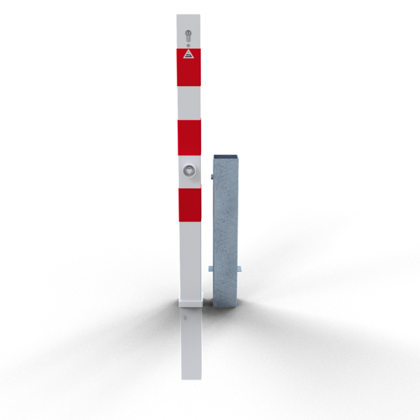 Barrier posts | Steel tube 70 x 70 mm | removable, with Euro profile cylinder lock | hot-dip galvanized and white coatedwith three red reflecting stripes | without eyelet